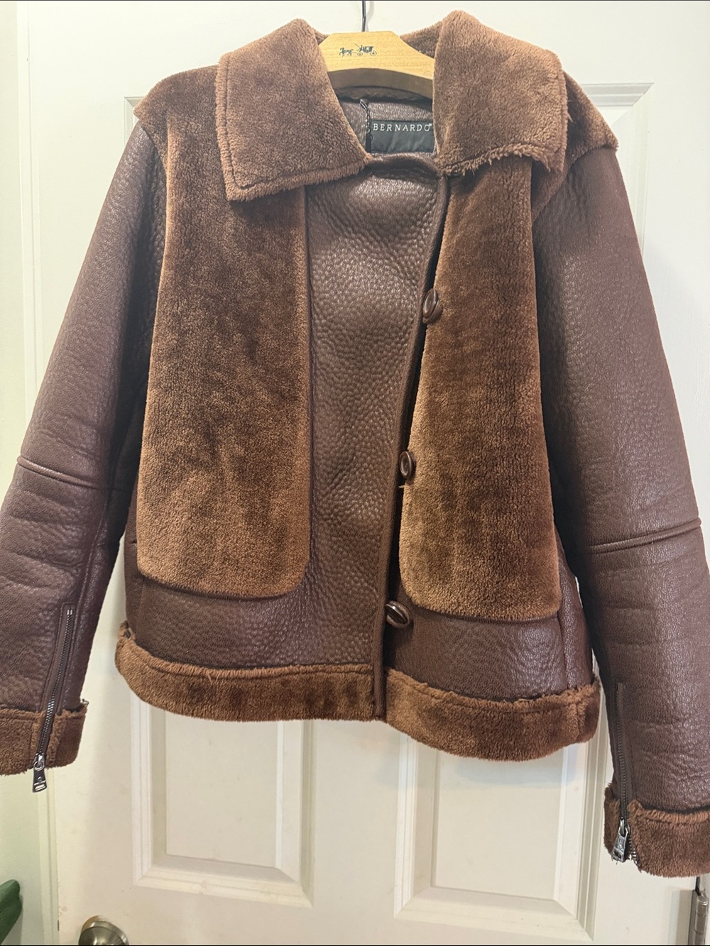 Bernardo Brown Faux Shearling Trim Leather Jacket - Women's